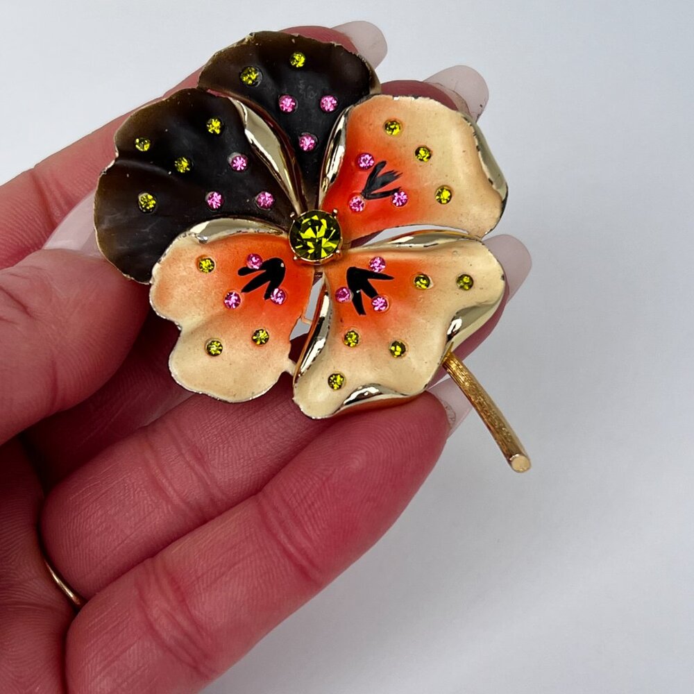 Vintage MCM Whimsical Pansy Flower Brooch Pin with Multicolored Rhinestones